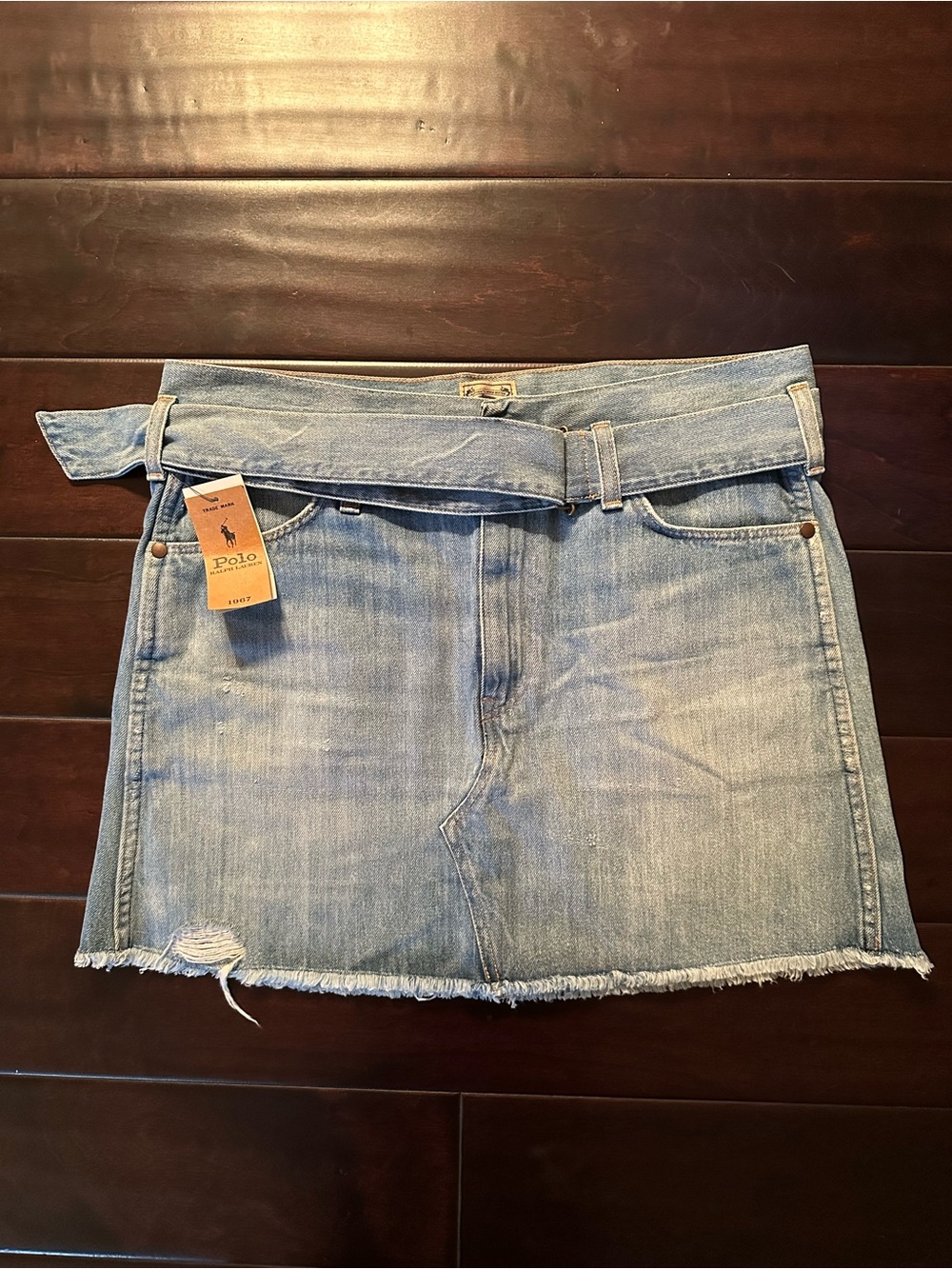 Polo by Ralph Lauren Faded Light Blue Denim Mini Skirt with Tie Belt